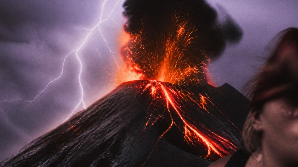 an erupting volcano with lightning strikes, dramatic wide composition, no text — Performance Art Style YouTube thumbnail
