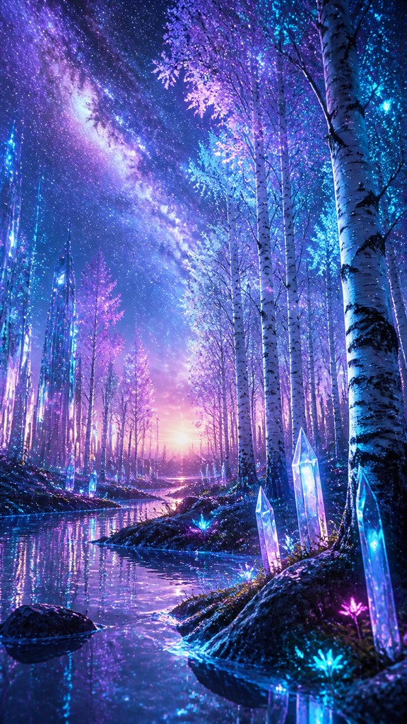 a serene birch forest in soft morning light, no people, no text — Sci-Fi Fantasy Art wall art print