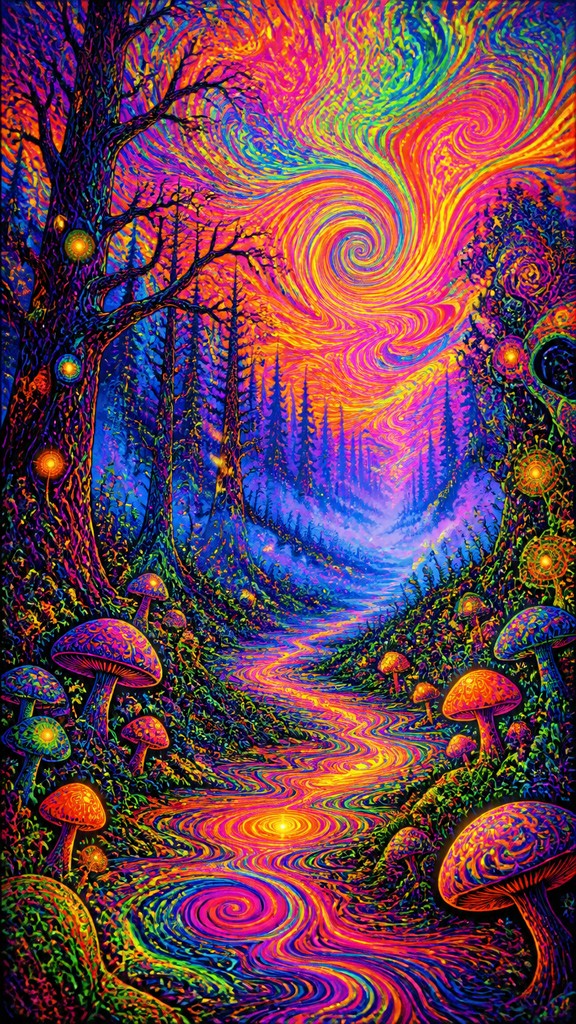 a mysterious forest path with fireflies and drifting mist, atmospheric vertical composition with open space at the top, no text — Psychedelic Art Style book cover