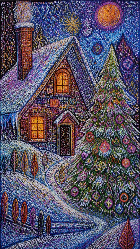 a snow-covered cottage with warm glowing windows beside a decorated pine tree, gentle snowfall, no text — Outsider Art Style Christmas card