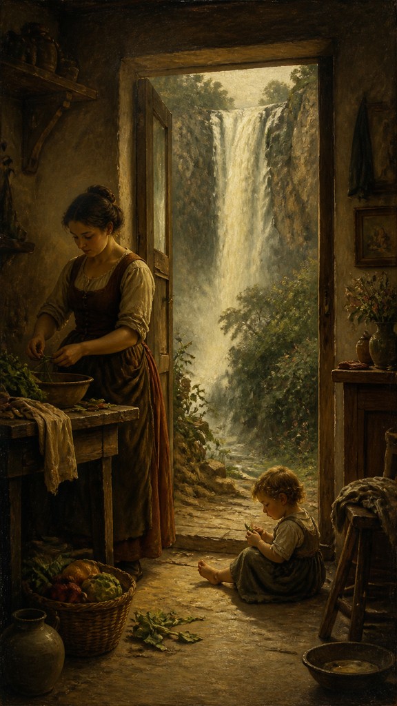 towering waterfall cascading down a cliff — Genre Painting Art Style