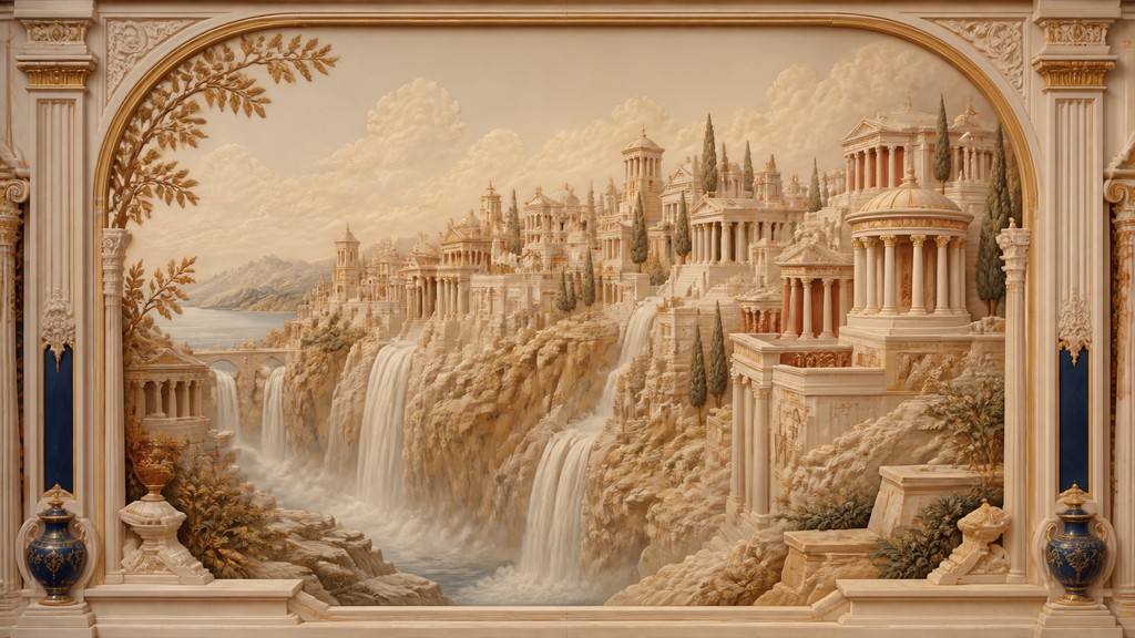 a cliffside city with waterfalls cascading into a misty canyon, wide establishing shot, no people, no text — Ancient Greek Classical Art Style concept art