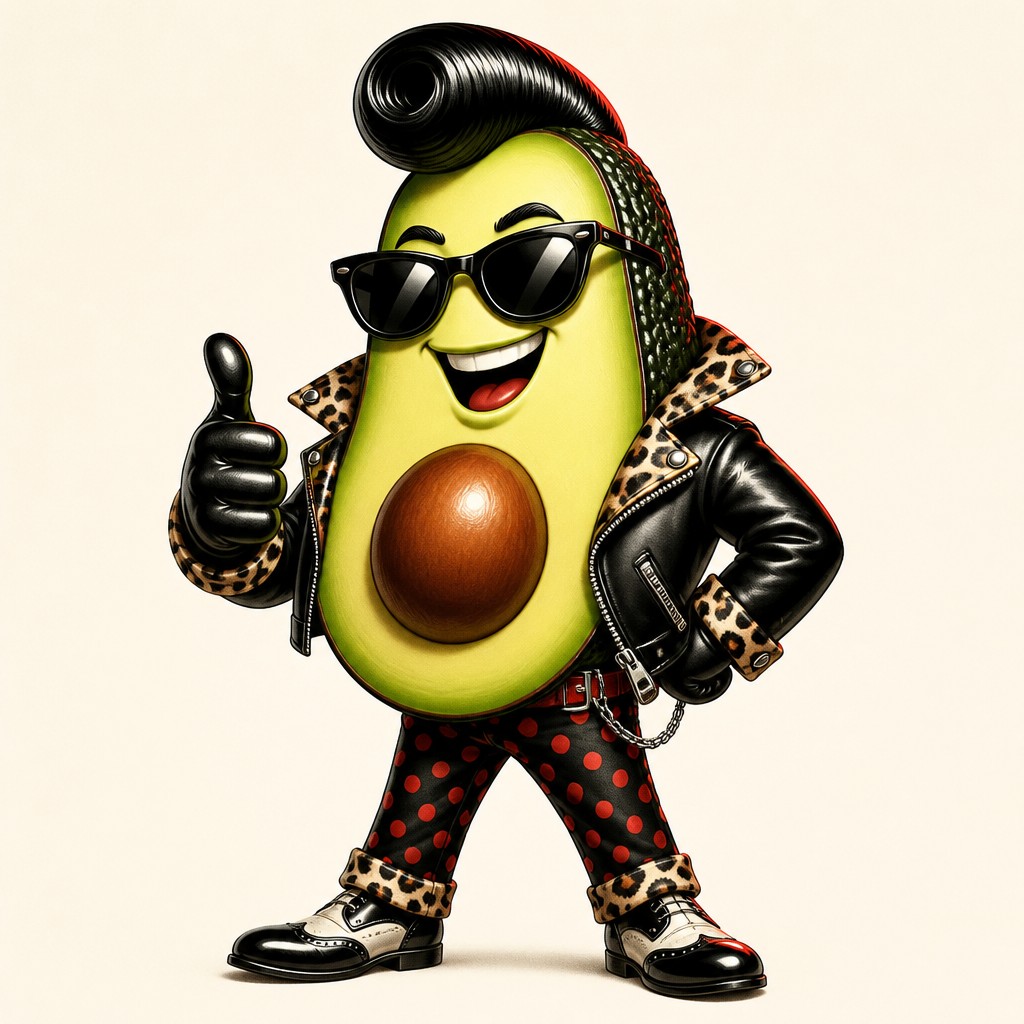 a happy avocado character giving a thumbs up, bold readable design on a plain background, no text — Rockabilly Aesthetic sticker