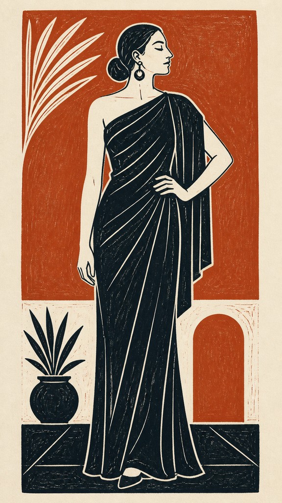 full-length portrait of an elegant figure — Linocut Print Style