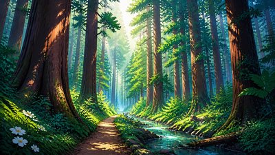 a panoramic redwood forest with light rays through mist, no people — Anime Art Style wallpaper
