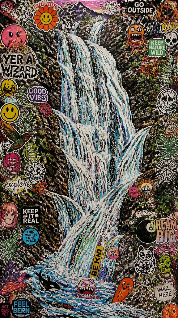 towering waterfall cascading down a cliff — Sticker Bomb Street Art Style