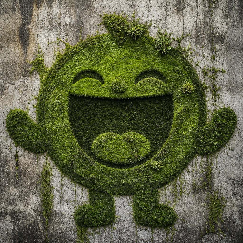 an exaggerated laughing face of an original round mascot character, bold and readable at small size, plain background, no text — Moss Graffiti Street Art Style Twitch emote