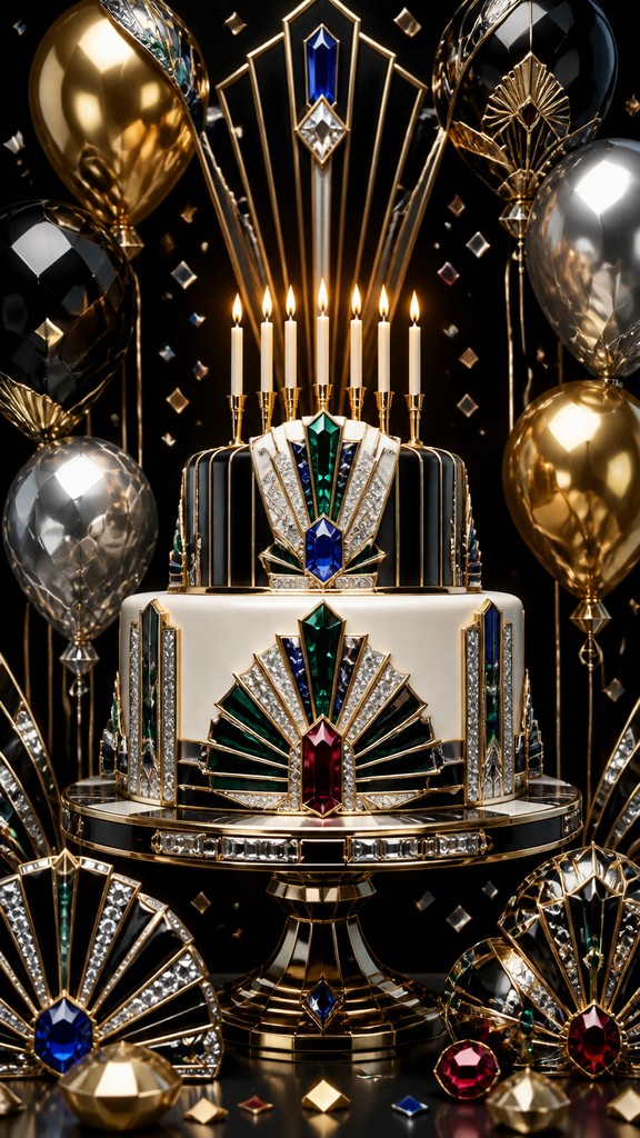 a birthday cake with lit candles surrounded by balloons and confetti, festive vertical composition, no text — Art Deco Jewelry Design birthday card