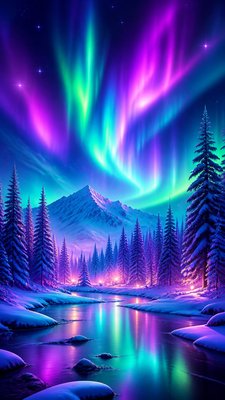 a snowy pine forest under the northern lights, no people — Digital Art Style wallpaper