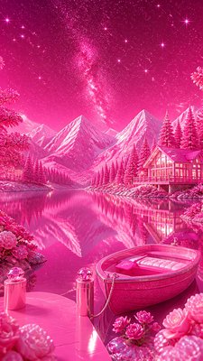 a tranquil mountain lake beneath a starry night sky, no people, no text — Barbiecore Aesthetic wallpaper