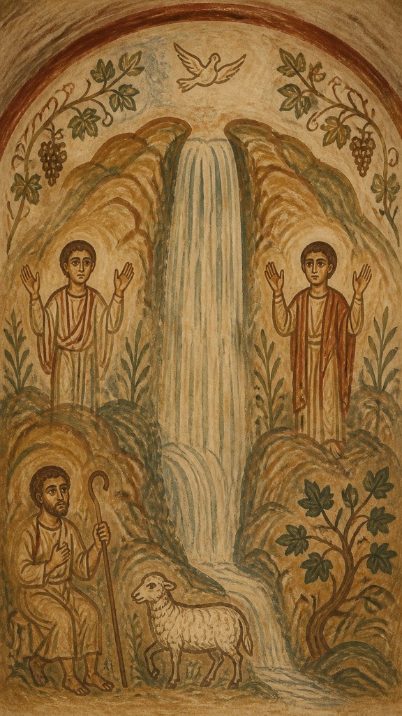 towering waterfall cascading down a cliff — Early Christian Art Style