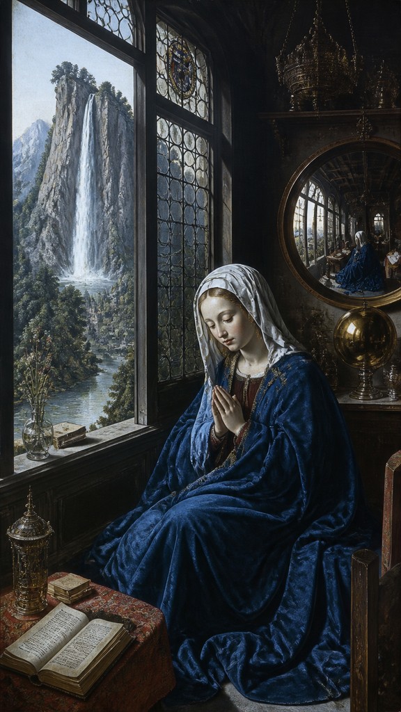 towering waterfall cascading down a cliff — Flemish Primitives Art Style