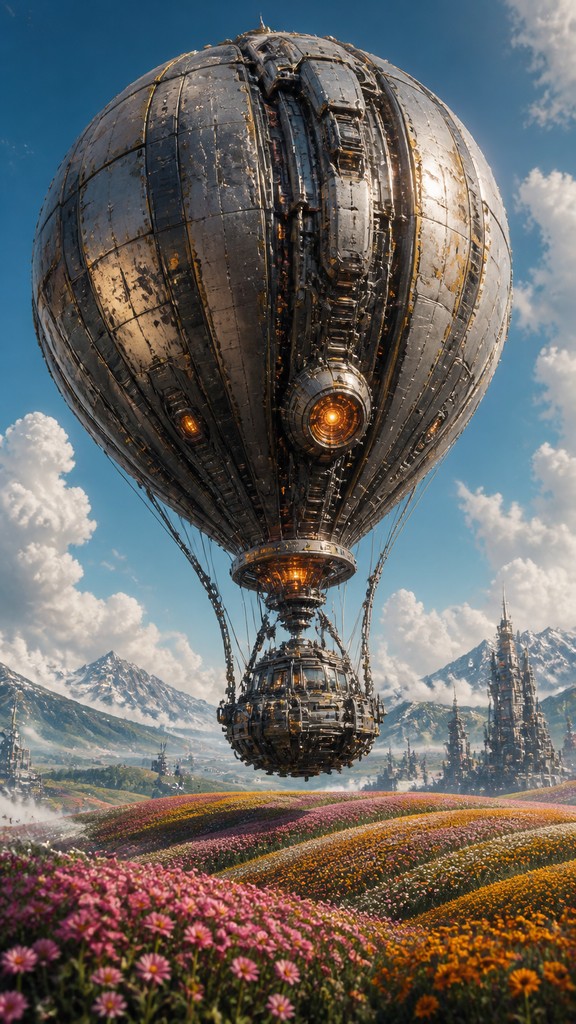 a hot air balloon drifting over rolling flower fields on a sunny day, cheerful, no text — Mecha Sci-Fi Art greeting card