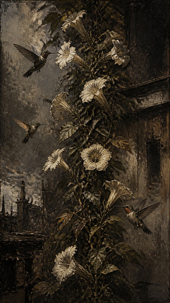 a climbing vine of flowers and hummingbirds on a dark background, tall wrapping composition, no text — Ashcan School Art Style phone case design