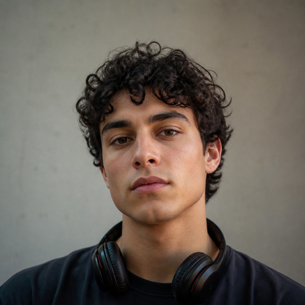 head-and-shoulders portrait of an original character: a young man with curly dark hair and headphones around his neck, plain backdrop, no text — Photographic Realism Art Style Discord profile picture