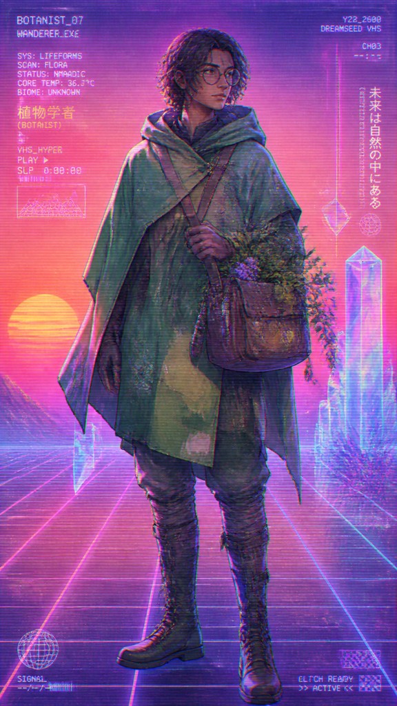 full-body original character: a wandering botanist with a satchel of plants, a patched green cloak, tall boots and round glasses, neutral background — Vaporwave Art Style character design