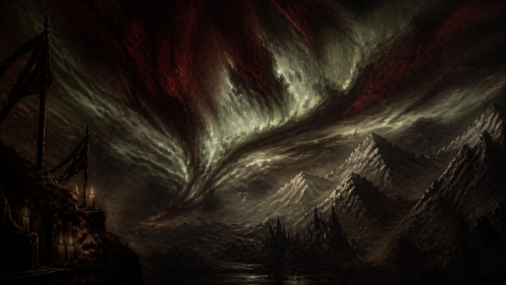 a flowing aurora over snowy peaks, wide sweeping composition, no people, no text — Gothic Horror Art banner
