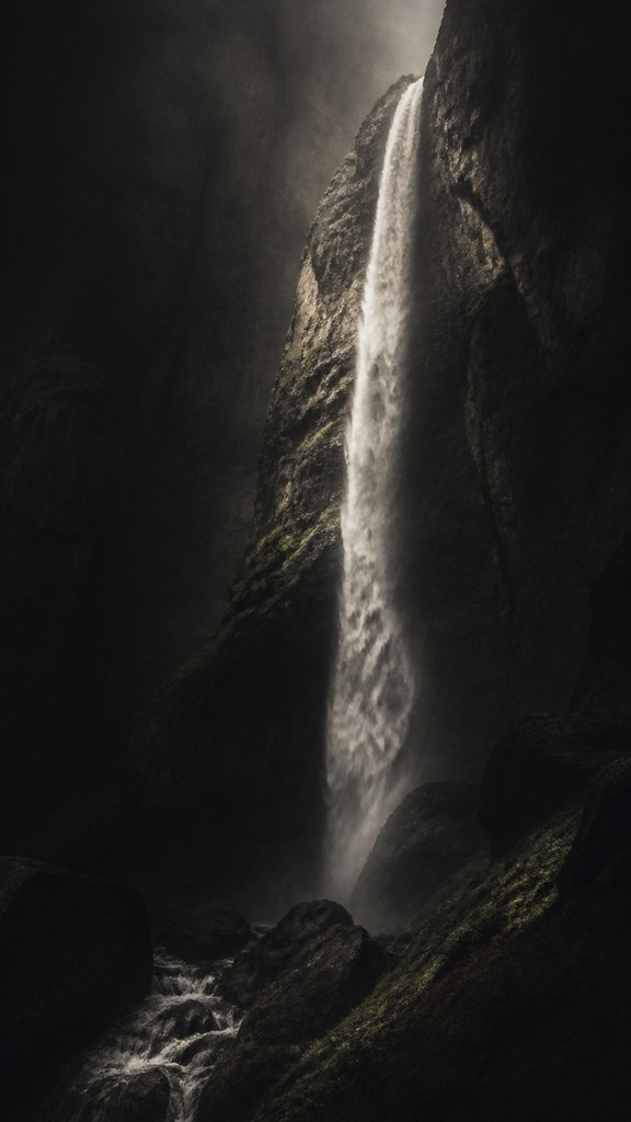 towering waterfall cascading down a cliff — Moody Portrait Photography Style