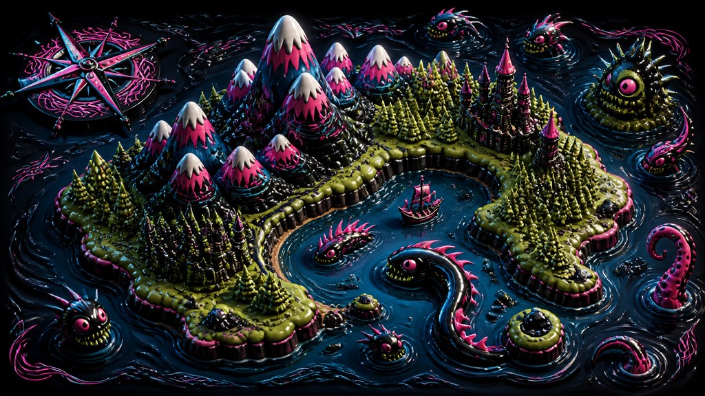 a map of an island realm with mountains, forests, a sheltered bay, sea monsters in the water and a compass rose, no text labels — Lowbrow Art Style fantasy map
