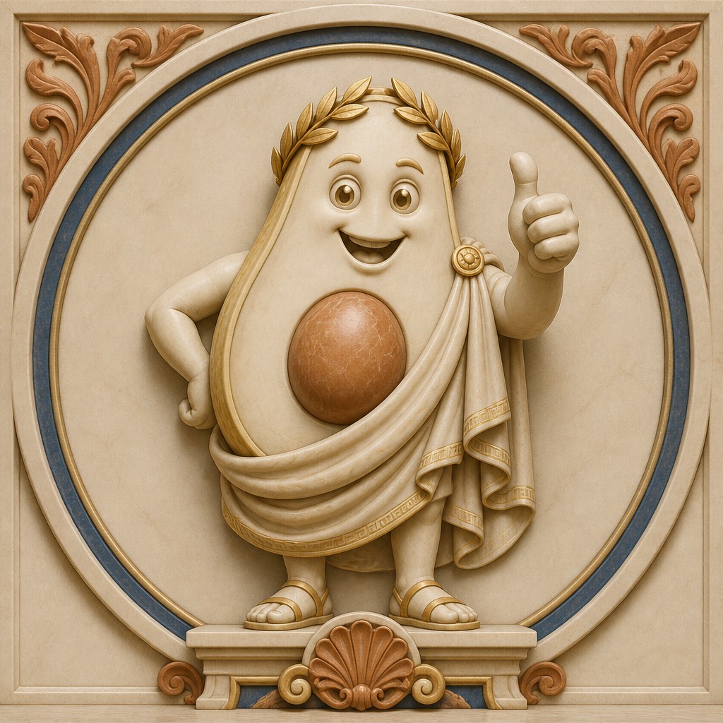 a happy avocado character giving a thumbs up, bold readable design on a plain background, no text — Ancient Greek Classical Art Style sticker
