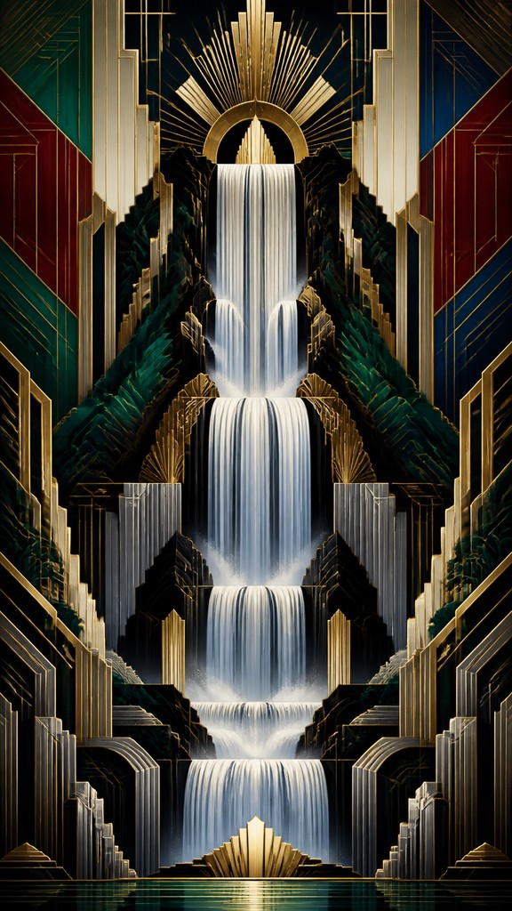 towering waterfall cascading down a cliff — Art Deco Architecture Art