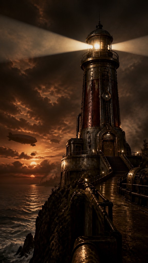 a lone lighthouse on a cliff at dusk under a dramatic sky, no text or lettering — Dieselpunk Aesthetic poster