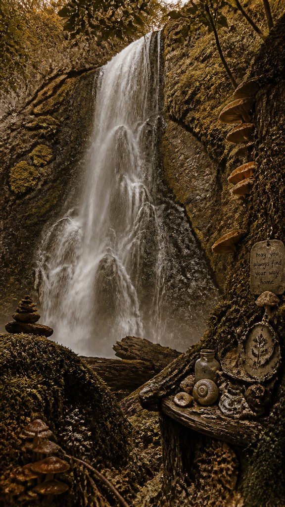towering waterfall cascading down a cliff — Goblincore Aesthetic