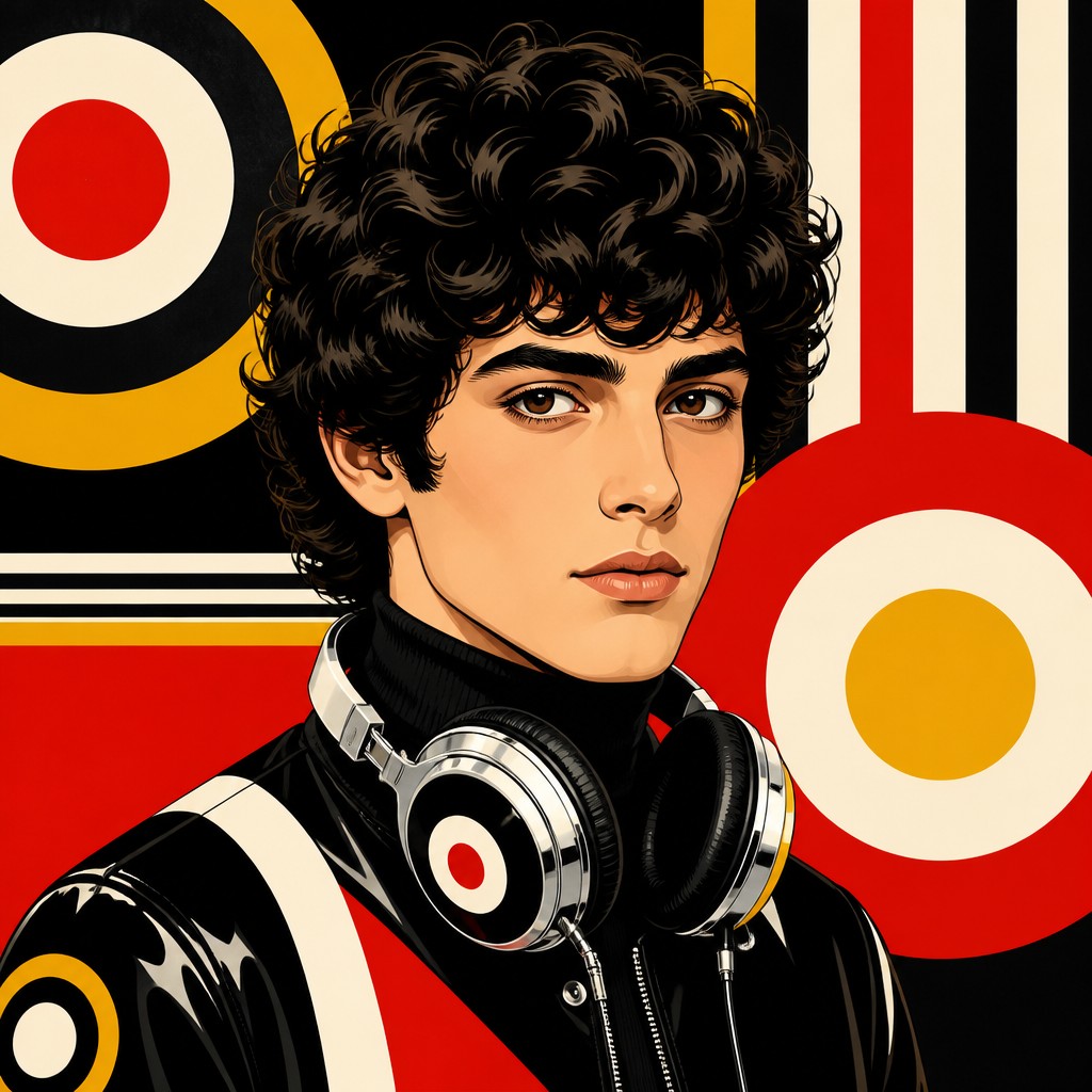 head-and-shoulders portrait of an original character: a young man with curly dark hair and headphones around his neck, plain backdrop, no text — Mod Aesthetic Discord profile picture