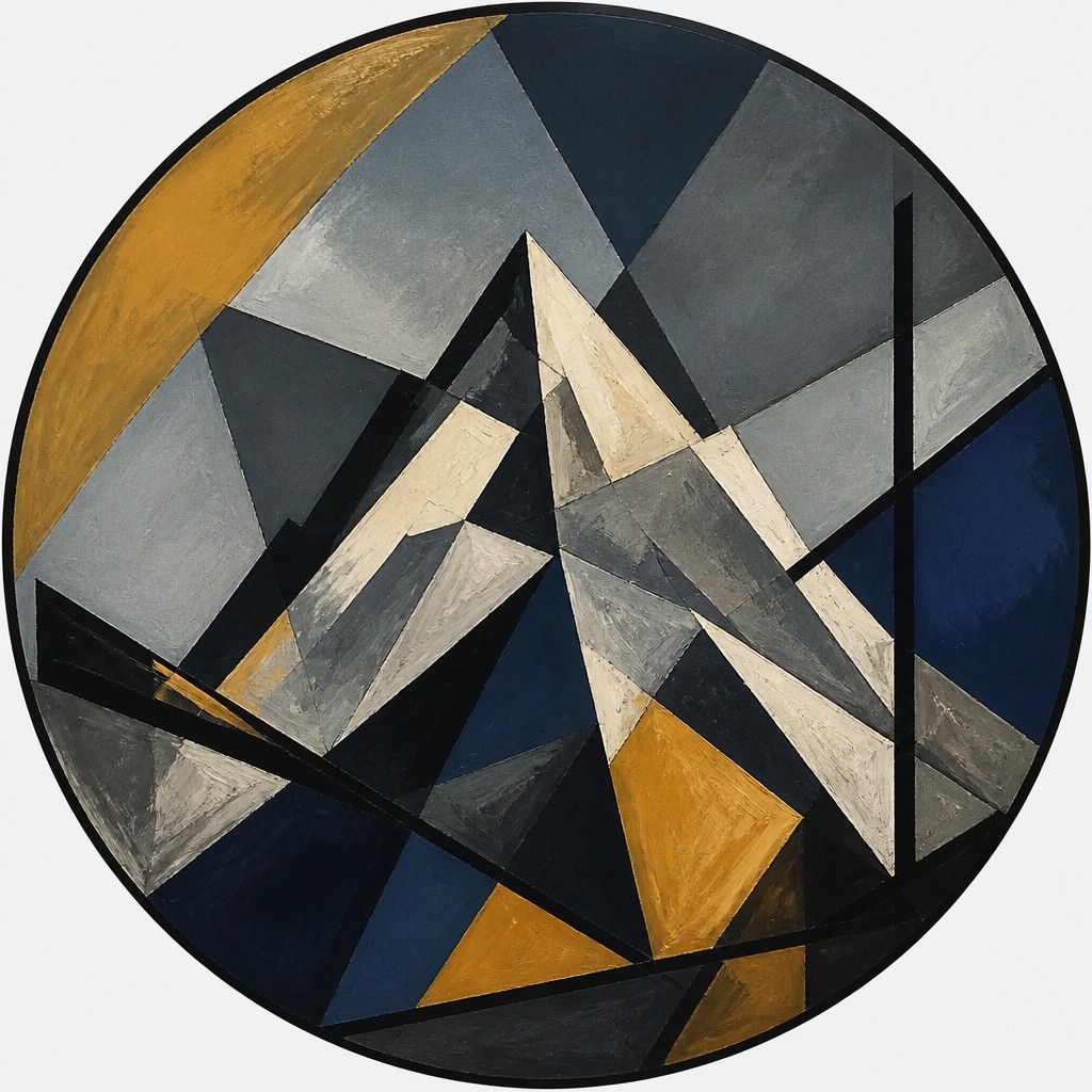 an emblem of a mountain peak inside a circle, simple bold shapes on a plain background, no text or lettering — Modernism Art Style logo concept