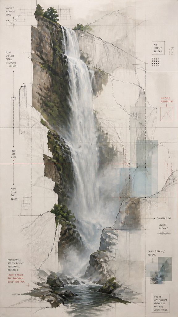 towering waterfall cascading down a cliff — Participatory Contemporary Art Style