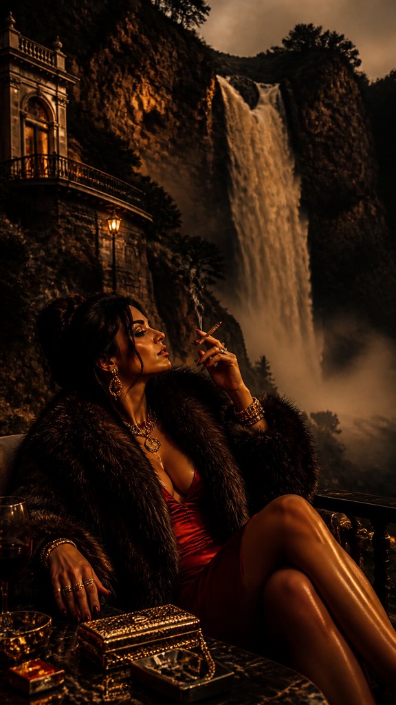 towering waterfall cascading down a cliff — Mob Wife Aesthetic