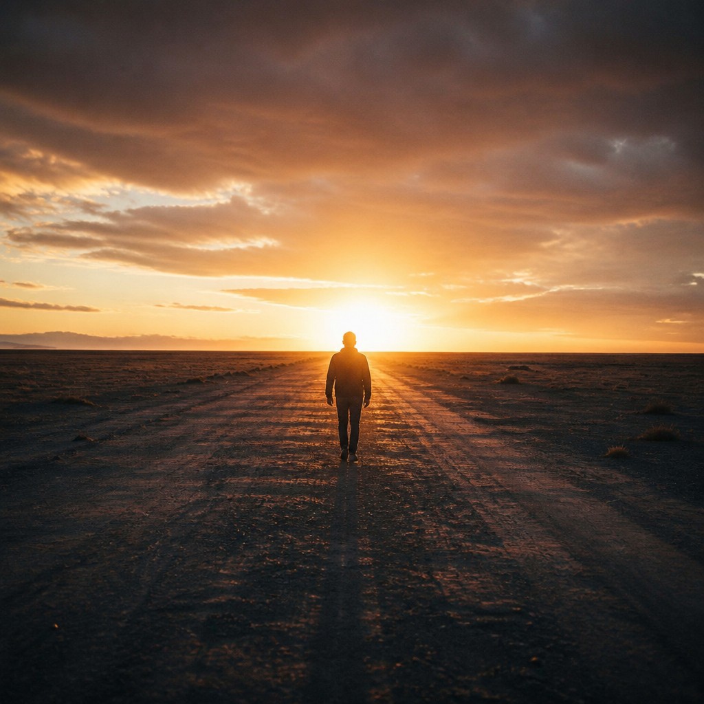 a solitary figure walking toward a glowing horizon across an empty plain, moody atmosphere, no text or lettering — Photographic Realism Art Style album cover