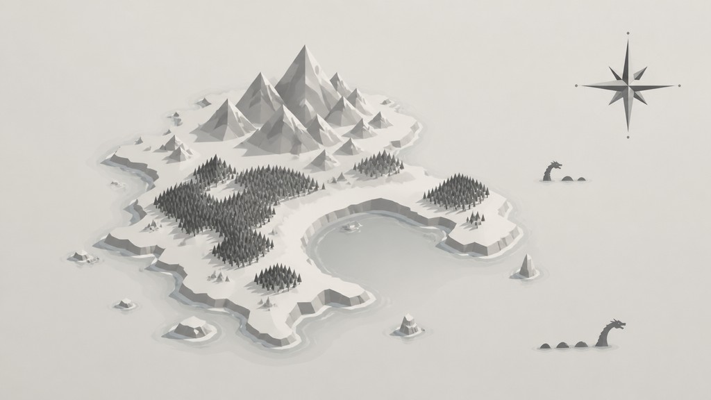 a map of an island realm with mountains, forests, a sheltered bay, sea monsters in the water and a compass rose, no text labels — Modern Minimalist Furniture Art fantasy map