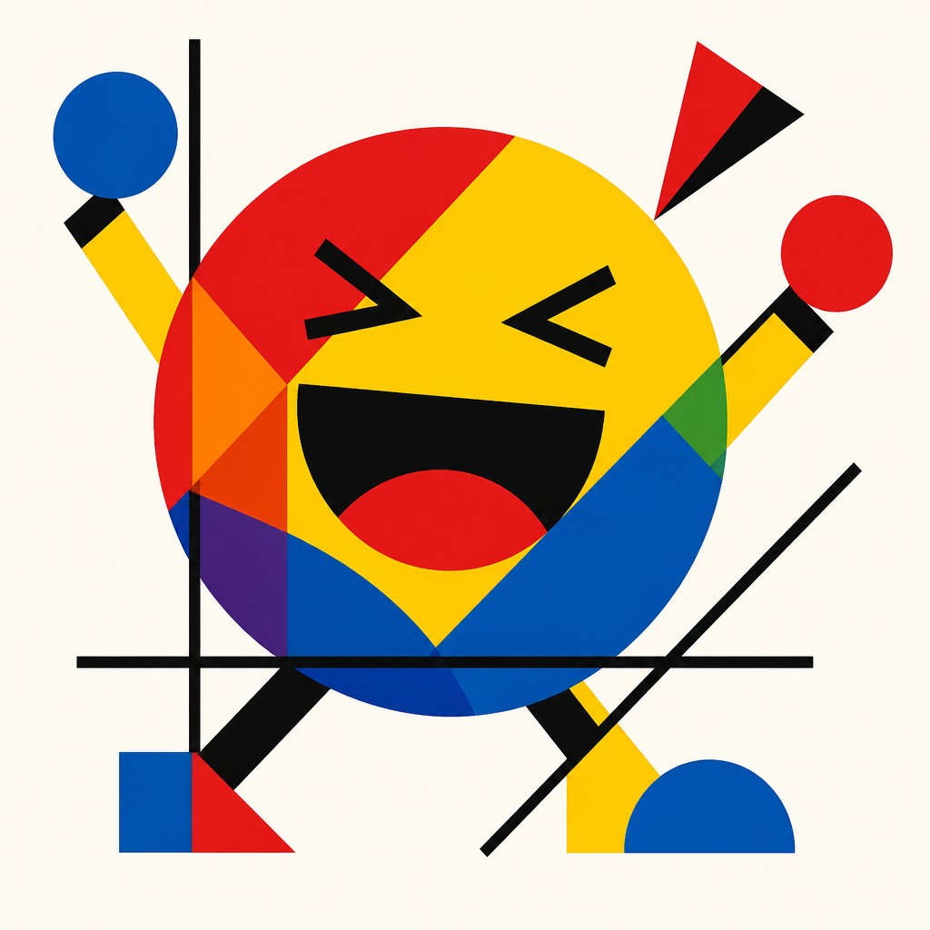 an exaggerated laughing face of an original round mascot character, bold and readable at small size, plain background, no text — Bauhaus Geometric Art Twitch emote
