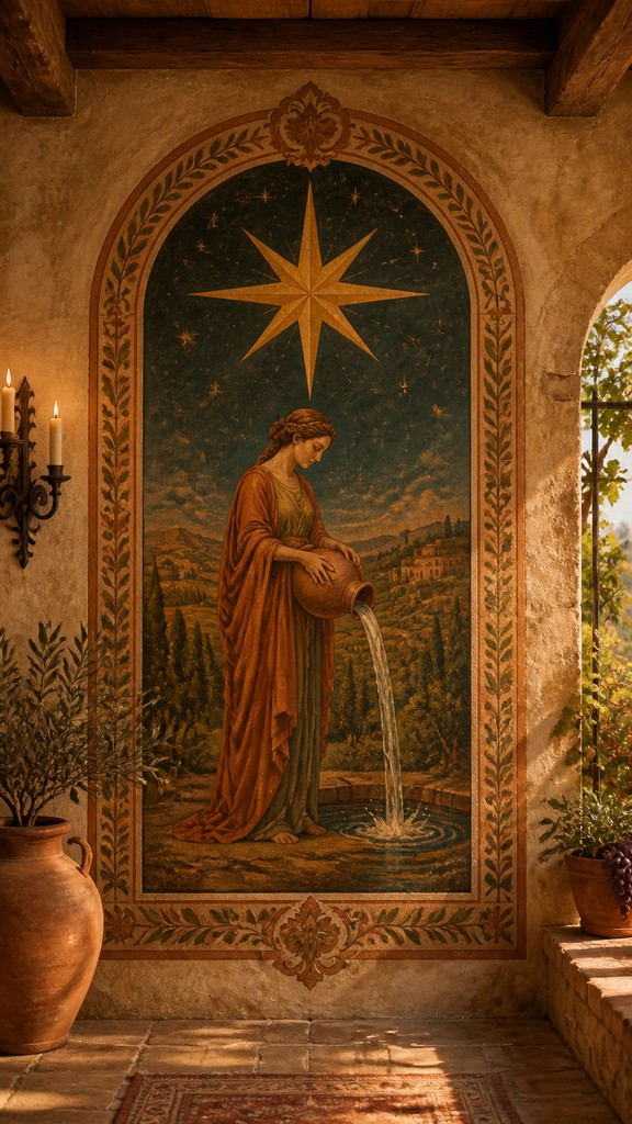 a robed figure pouring water beneath a large eight-pointed star in a night sky, symmetrical composition with an ornate decorative border, no text — Tuscan Interior Design tarot card