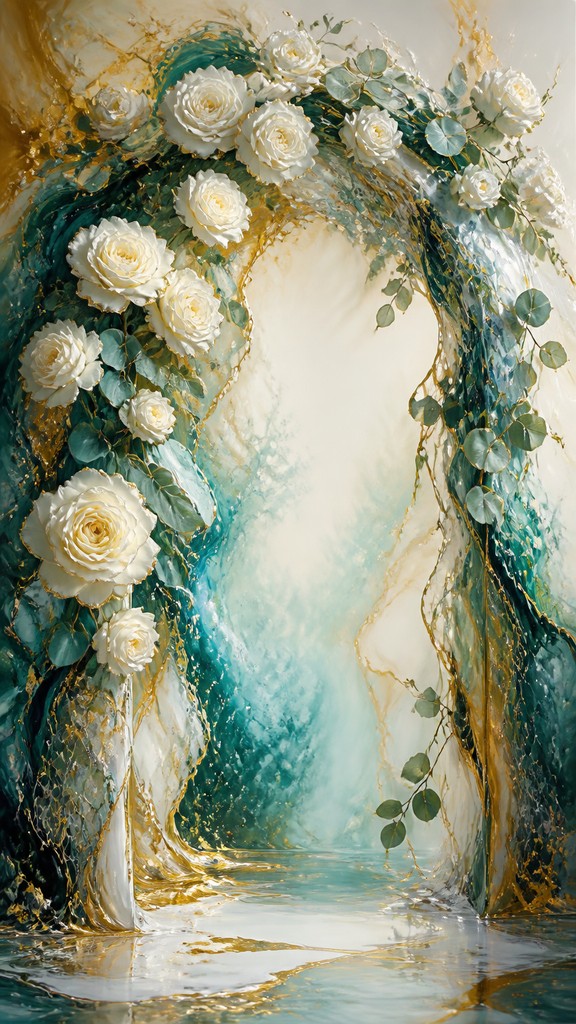 an arch of white roses and eucalyptus in soft morning light, elegant vertical composition with open space, no text — Fluid Abstract Art Style wedding invitation