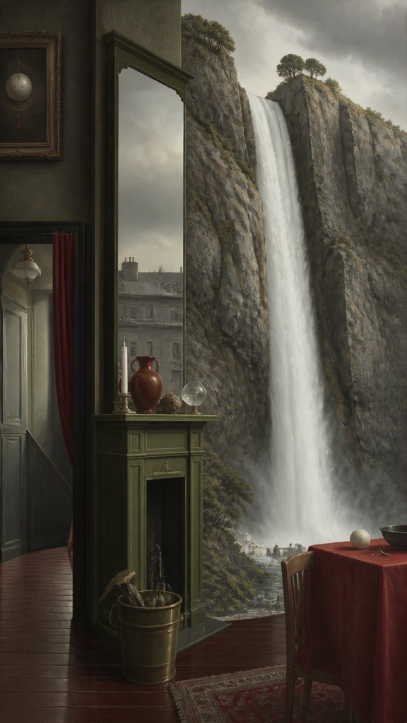 towering waterfall cascading down a cliff — Belgian Art Style