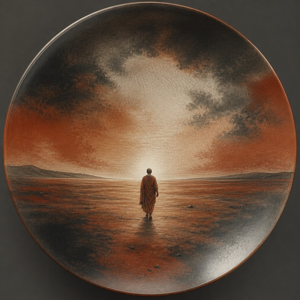 a solitary figure walking toward a glowing horizon across an empty plain, moody atmosphere, no text or lettering — Terra Sigillata Ceramic Art Style album cover