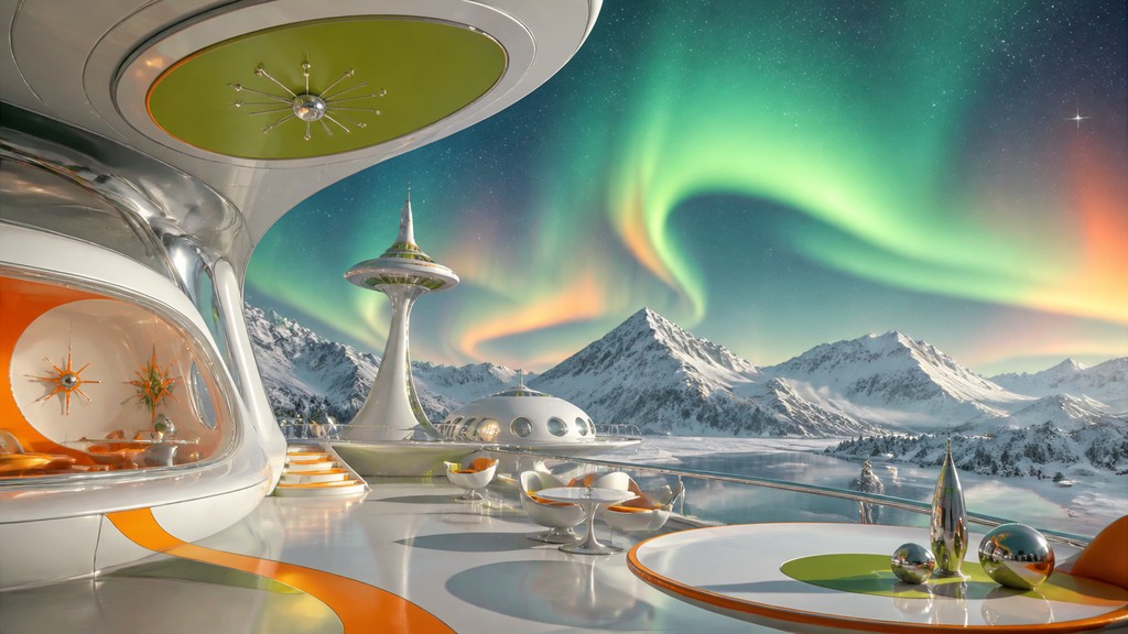 a flowing aurora over snowy peaks, wide sweeping composition, no people, no text — Space Age Aesthetic banner