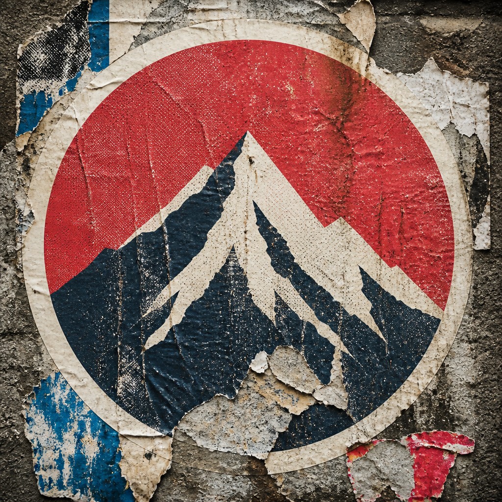 an emblem of a mountain peak inside a circle, simple bold shapes on a plain background, no text or lettering — Wheatpaste Poster Street Art Style logo concept