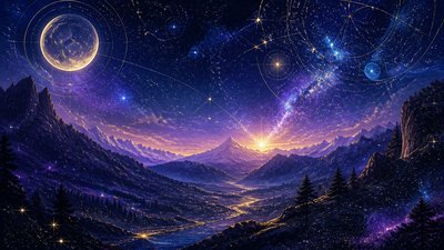 a vast valley with a river winding toward distant mountains at sunrise, no people, no text — Celestial Aesthetic wallpaper