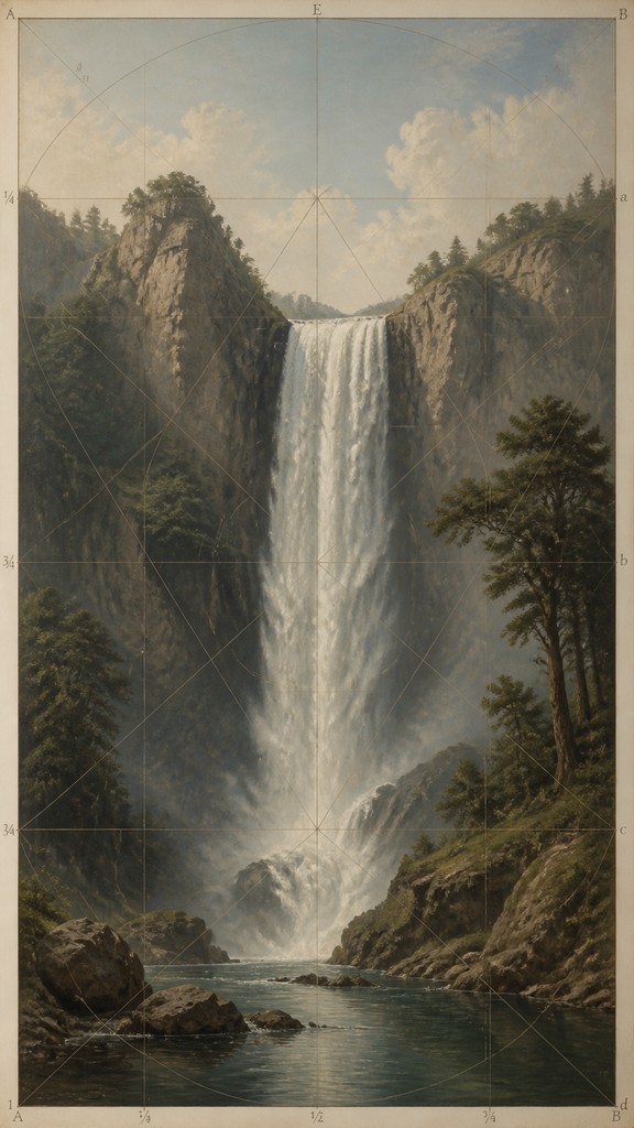 towering waterfall cascading down a cliff — Classical Proportion Art Style