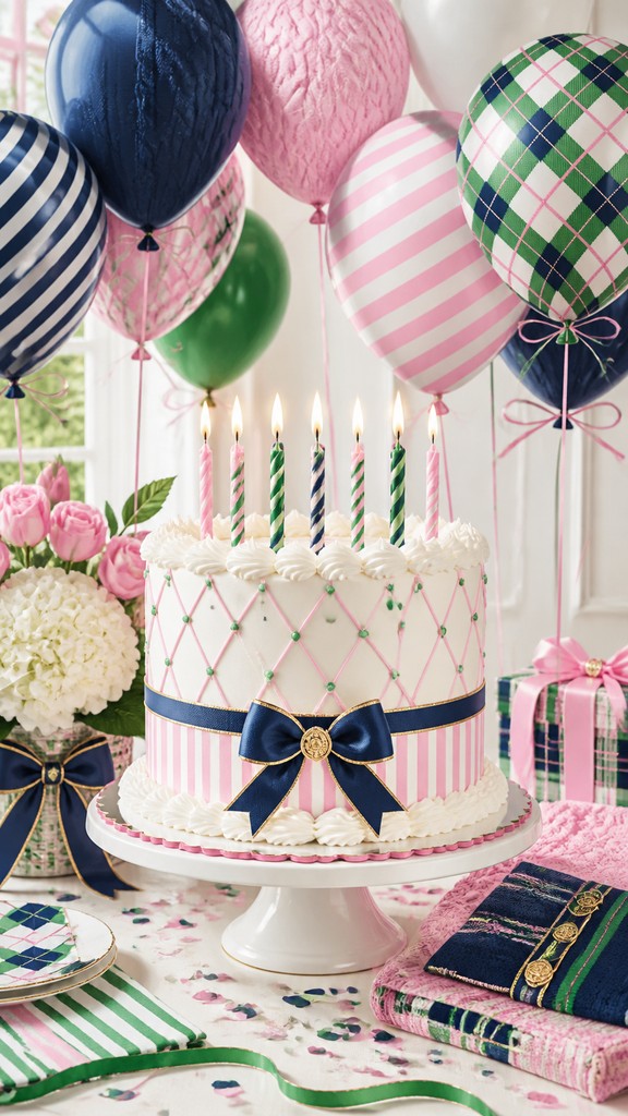a birthday cake with lit candles surrounded by balloons and confetti, festive vertical composition, no text — Preppy Aesthetic birthday card