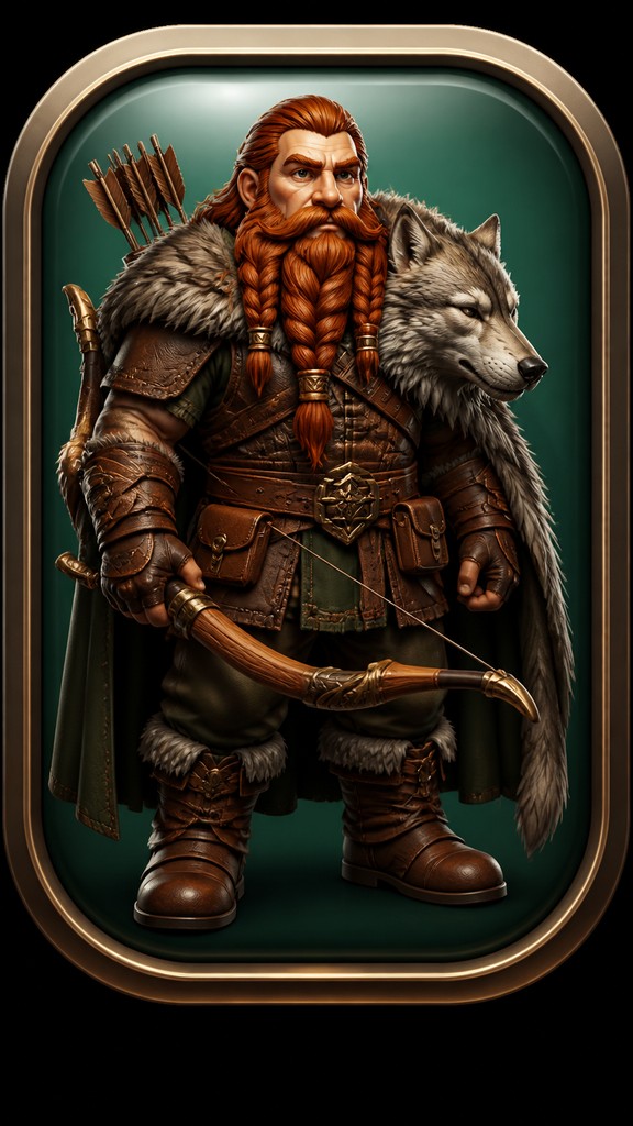 full-body original character: a dwarven ranger with a braided auburn beard, worn leather armor, a longbow and a wolf-pelt cloak, neutral background, no text — Skeuomorphic Icon Design tabletop character portrait