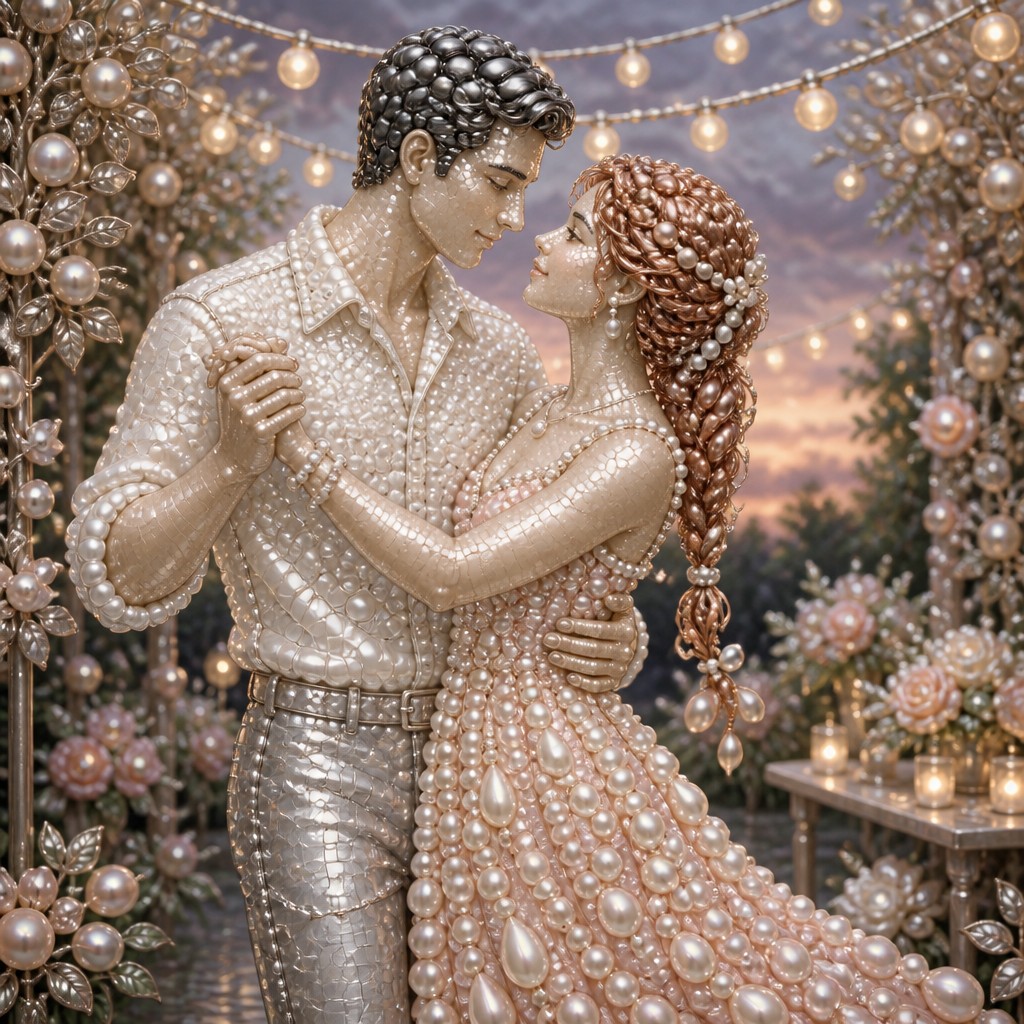 an original couple dancing under string lights in a garden at dusk: a man with short black hair in a linen shirt and a woman with braided red hair in a summer dress — Pearl Jewelry Style couple portrait