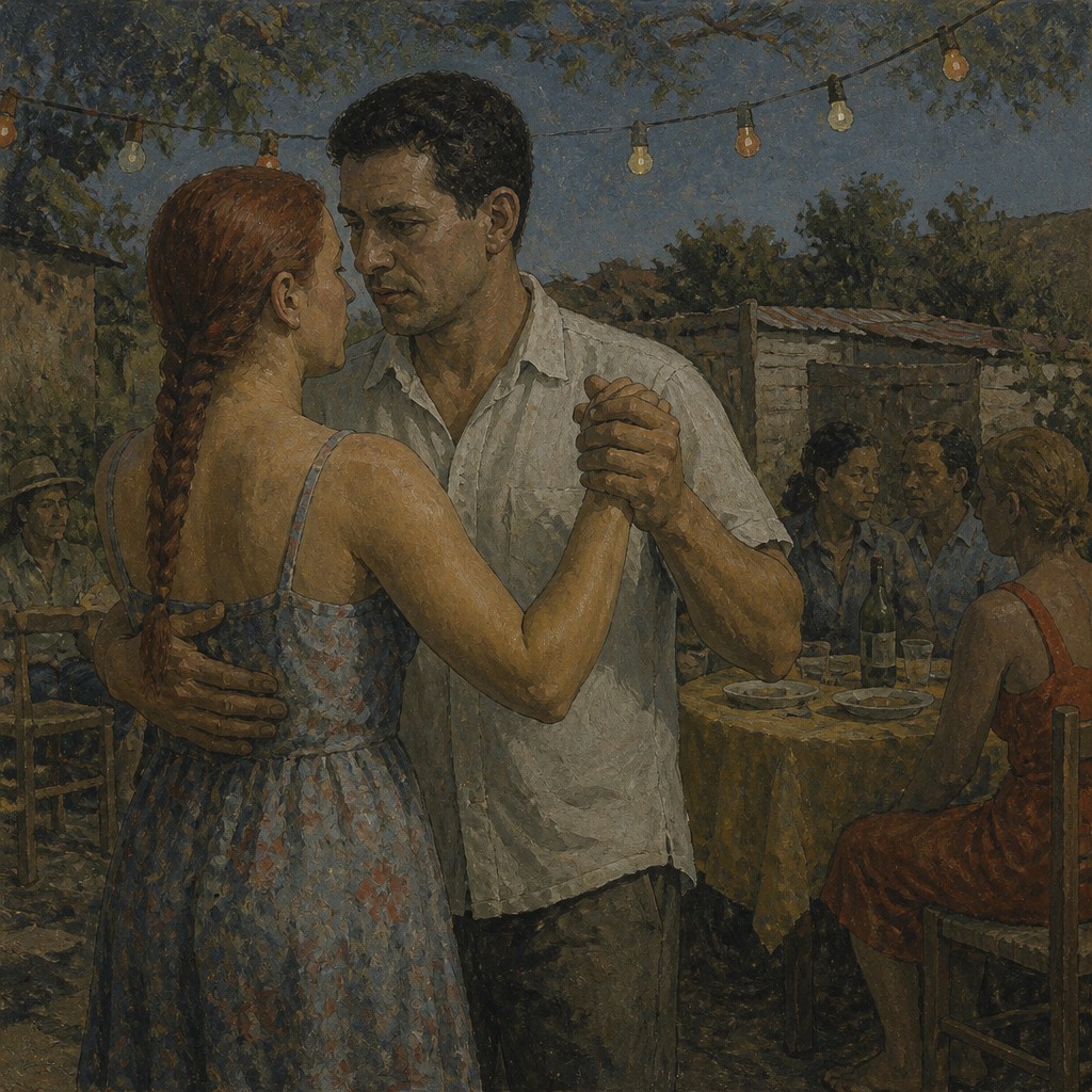 an original couple dancing under string lights in a garden at dusk: a man with short black hair in a linen shirt and a woman with braided red hair in a summer dress — Social Realist Figurative Art Style couple portrait