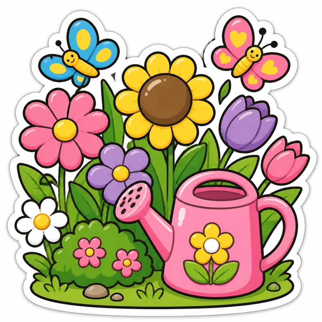 a garden scene with butterflies, flowers and a watering can, clean uncolored line art, no text — Character Sticker Design coloring page