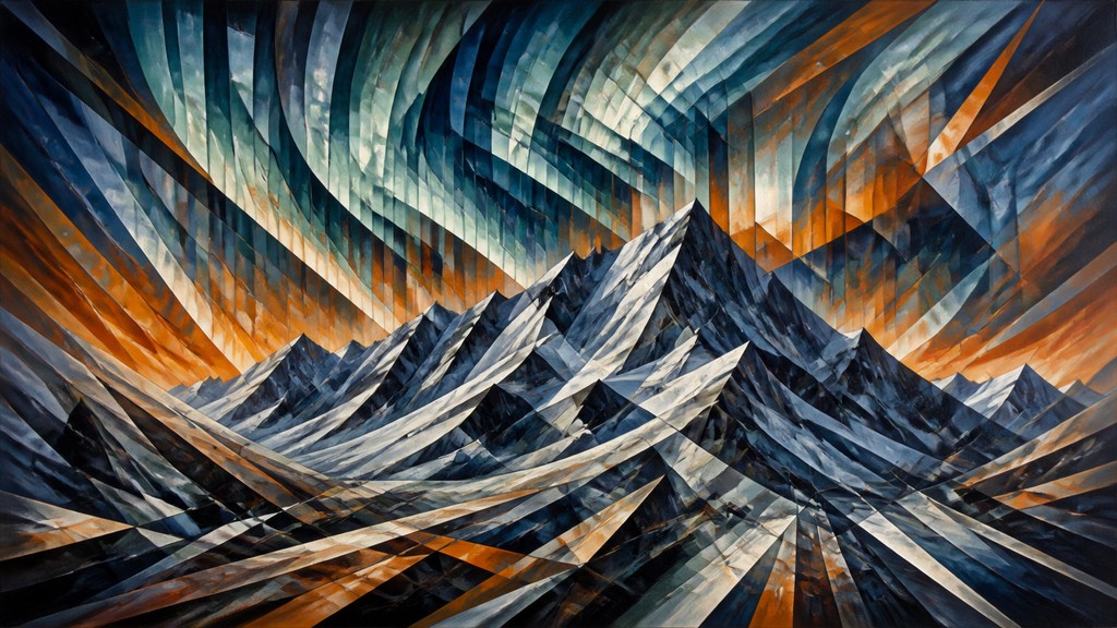 a flowing aurora over snowy peaks, wide sweeping composition, no people, no text — Cubo-Futurism Art Style banner