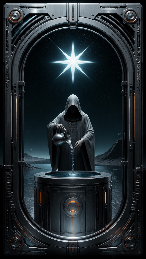a robed figure pouring water beneath a large eight-pointed star in a night sky, symmetrical composition with an ornate decorative border, no text — Hard Sci-Fi Art tarot card