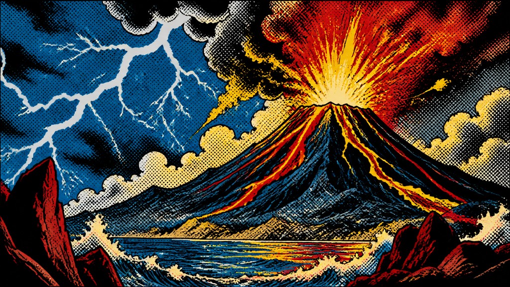 an erupting volcano with lightning strikes, dramatic wide composition, no text — Comic Book Pop Art Style YouTube thumbnail